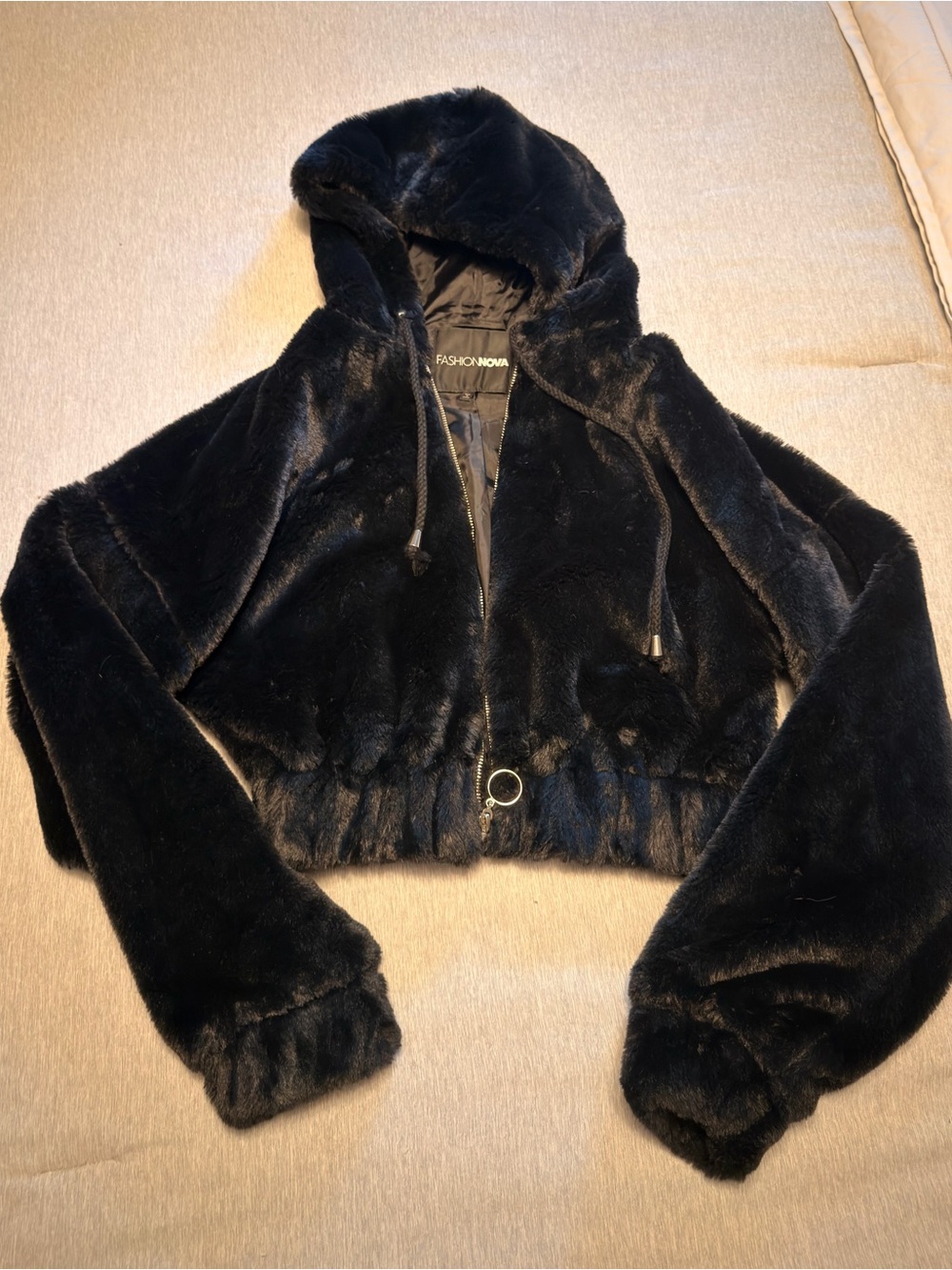Fashion Nova Black Faux Fur Hooded Cropped Teddy Jacket